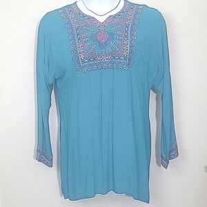 Tunic long sleeve flowy Embroidered Geometric Print 100% cotton Turquoise Teal